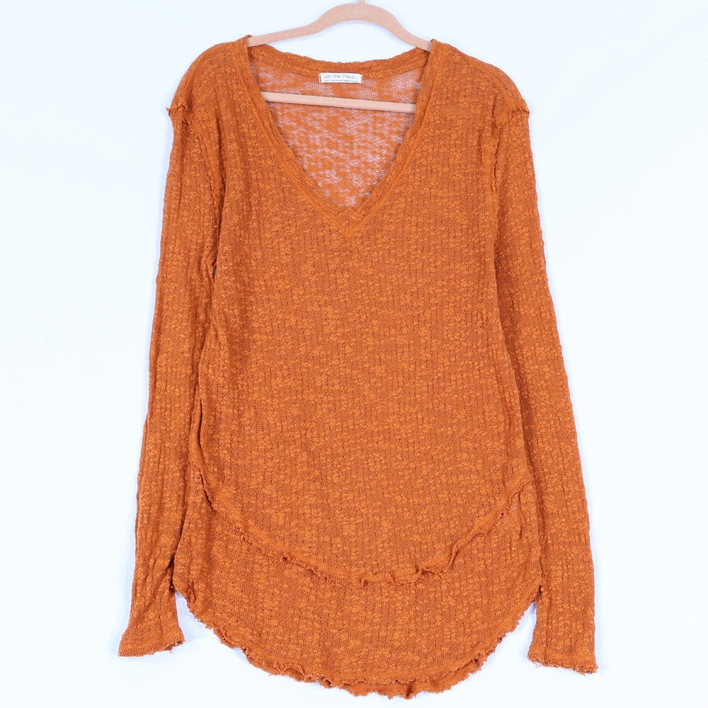 We The Free V-Neck Top Women S Orange Boho Raw Edge Hem Long Sleeve Slouchy
